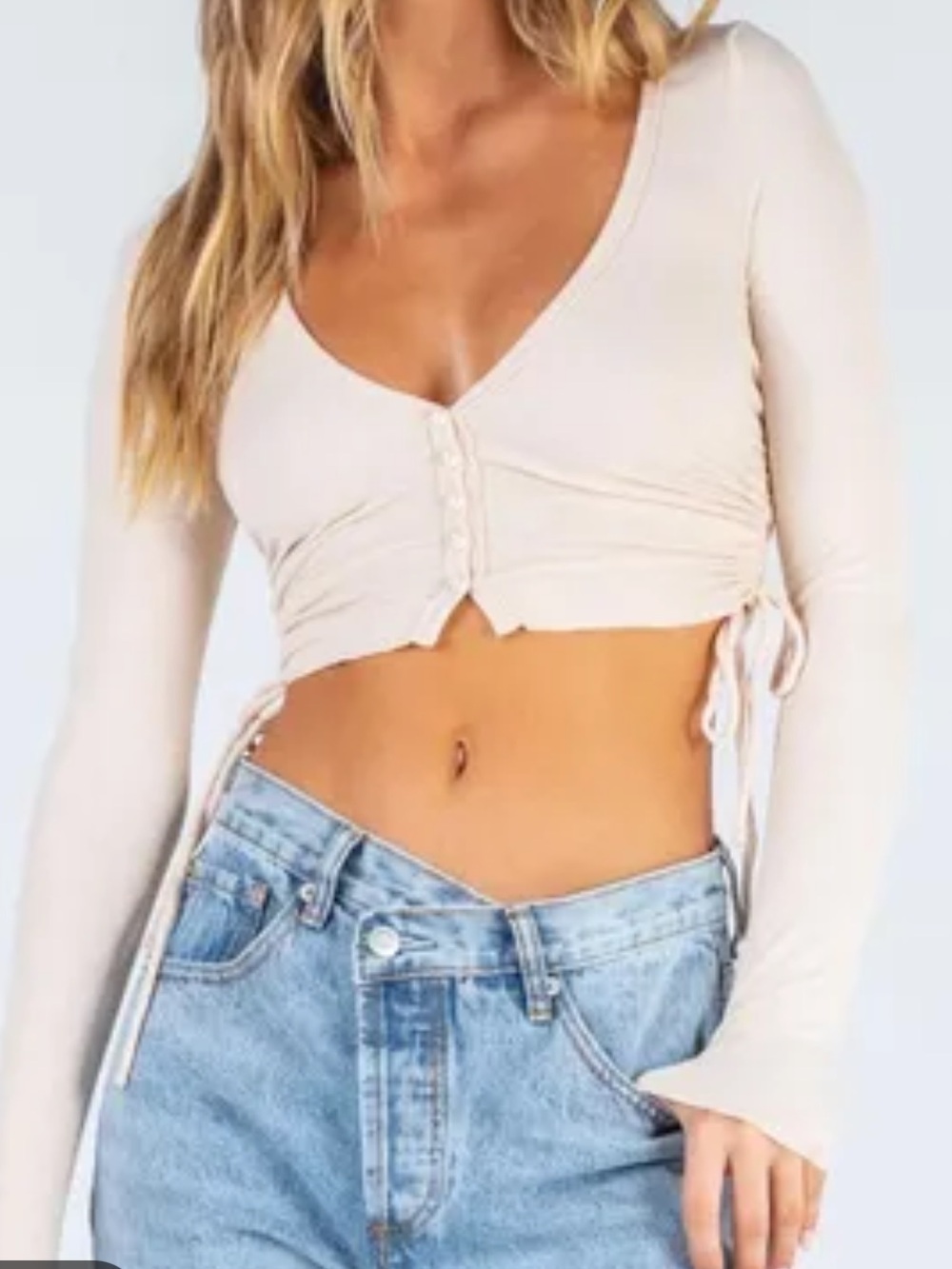 Princess Polly Beige Ruched Button Crop Top